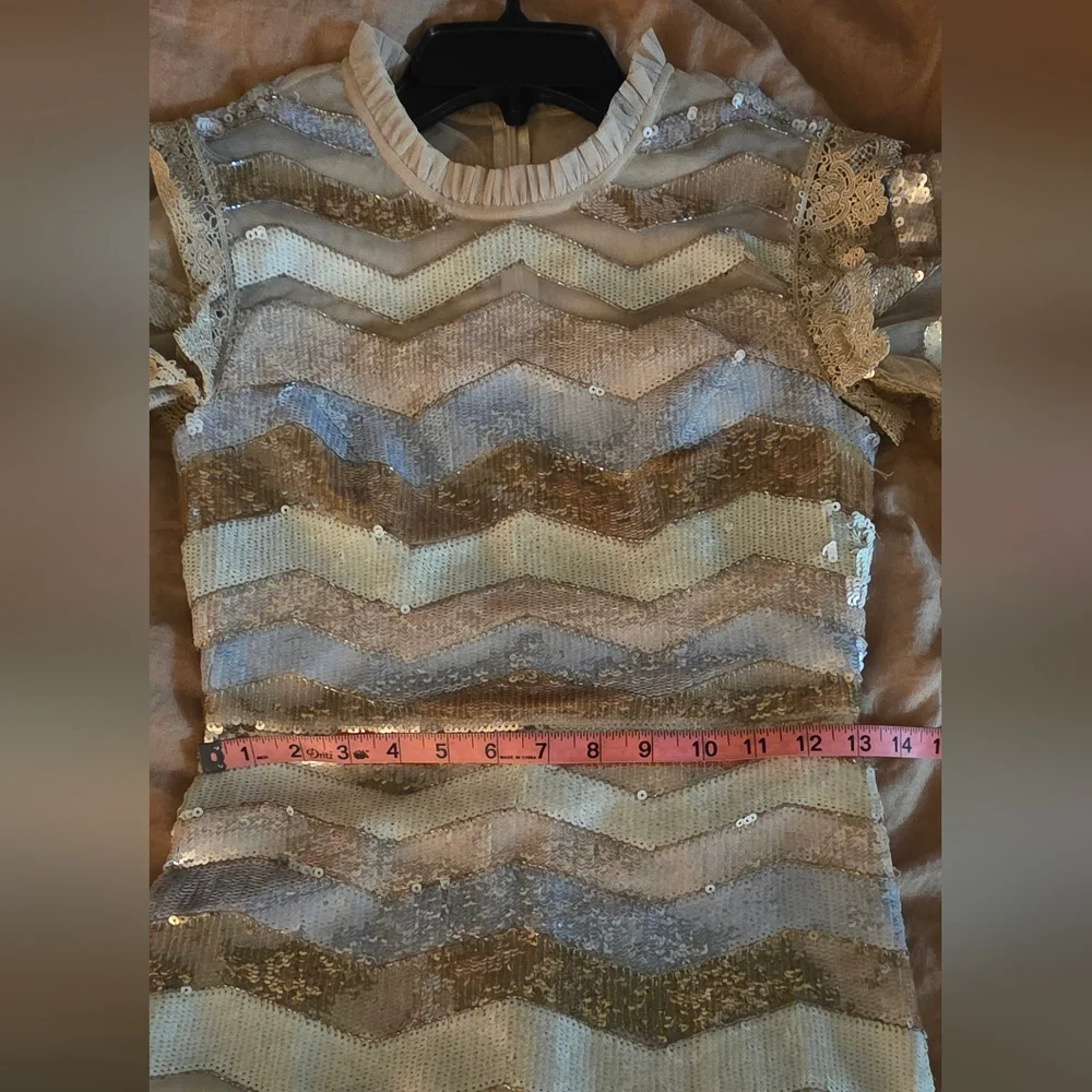 Needle & Thread Sequin Chevron Midi Dress in Gold and Silver - Picture 9 of 12
